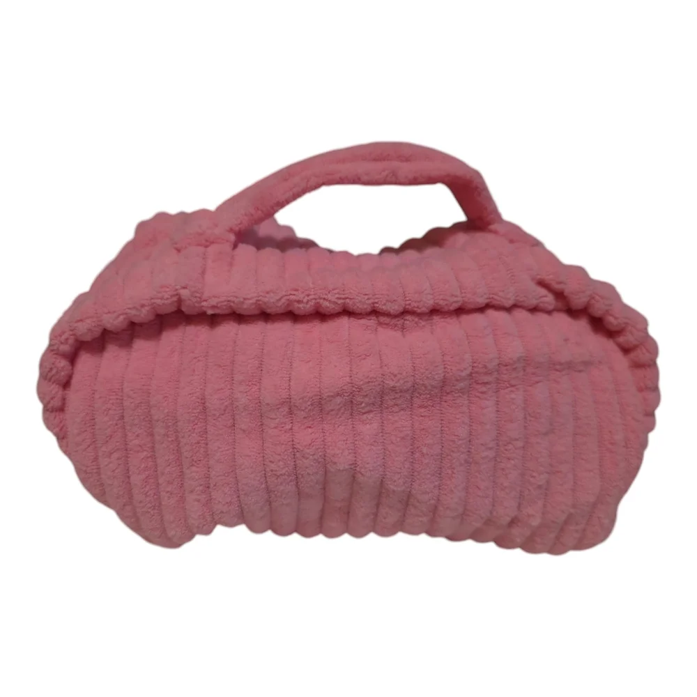 Cosmetic Bag Women's Pink Plush Top Handle Zippered Closure With Compartments - Picture 6 of 9